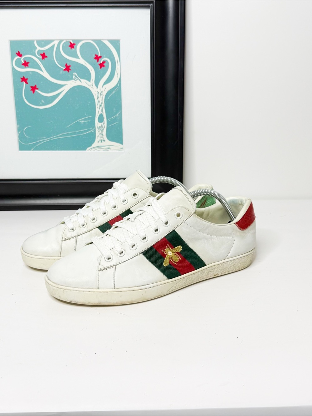 Gucci Ace Bee Leather Sneakers White Web Stripe EU 43